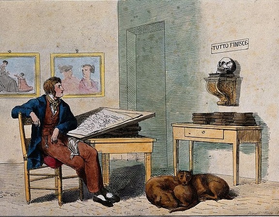 Large 1 a young artist in his studio contemplating a skull. etching  wellcome v0042199