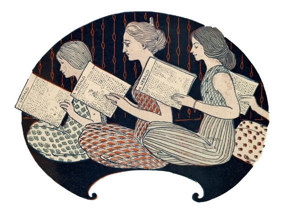 Large woman reading vintage drawing